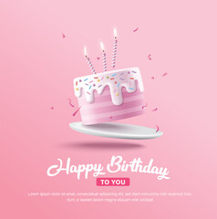 Happy Birthday celebration typography design with 3d birthday cake for greeting card, poster or banner. Vector illustration