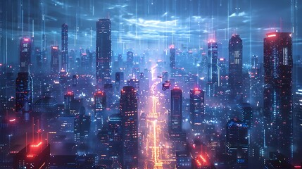 Fototapeta premium Futuristic AI Powered Cityscape with Autonomous Vehicles and Glowing Neon Lights