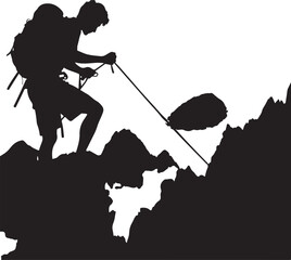 A man climbing mountain vector and hiking flat silhouette design illustration