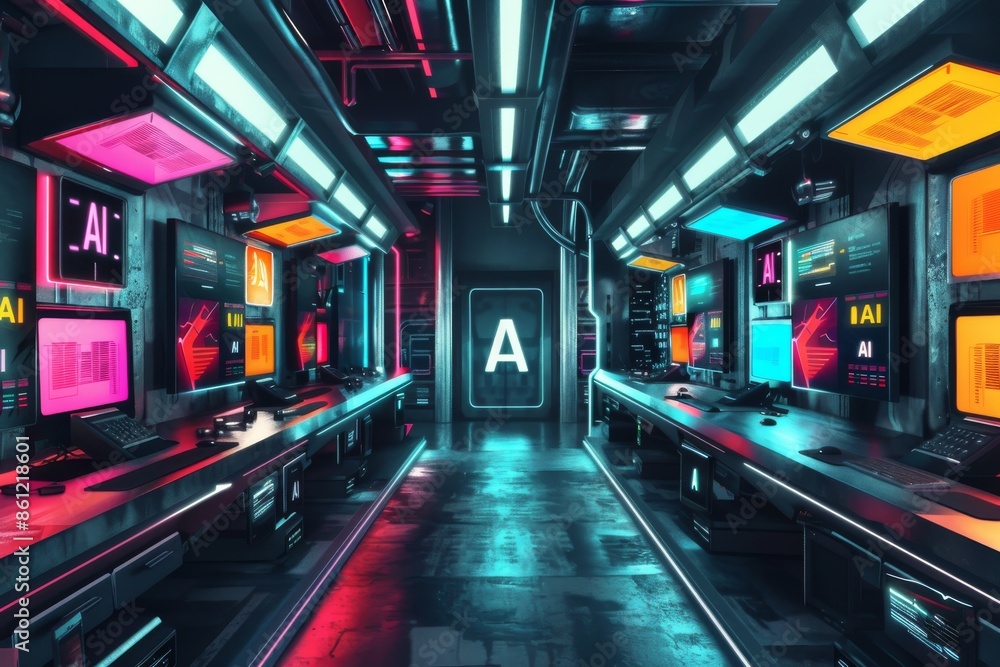 Poster futuristic ai data center with neon lights and servers, symbolizing advanced technology, artificial 