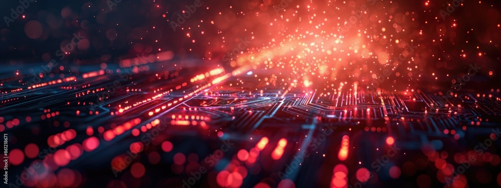 Poster futuristic digital circuit board with glowing red lights and particles.