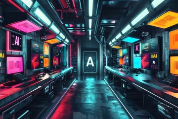 Futuristic AI data center with neon lights and servers, symbolizing advanced technology, artificial intelligence, and cyber infrastructure