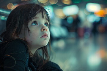 Fototapeta premium Poor little kid lost in big city forest woods airport street, Generative AI modern technology picture