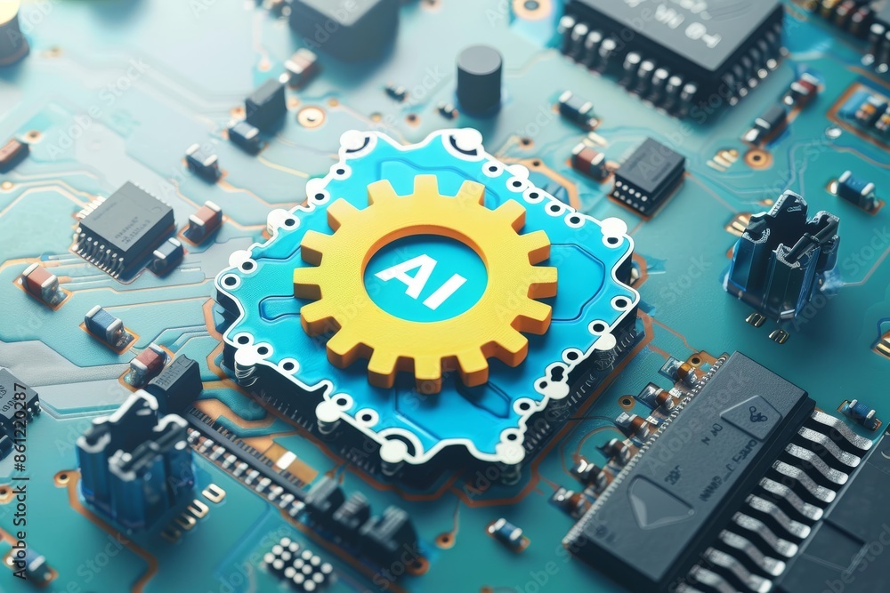 Aufkleber ai microchip with neon gears on a motherboard, symbolizing cutting edge technology, artificial intel