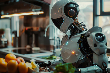 Fototapeta premium Generative AI creative picture Robot cyborg in activities of daily life house duties living together with people