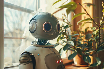 Generative AI creative picture Robot cyborg in activities of daily life house duties living together with people