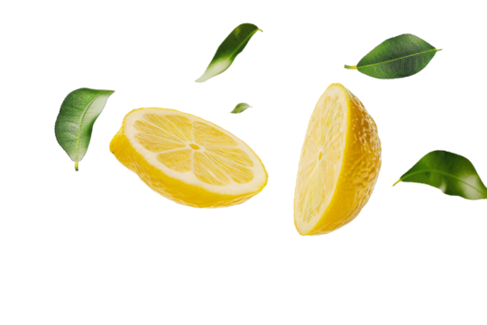 Lemons with half slice and green leaves isolated on background, fresh citrus summer fruit lemonade.