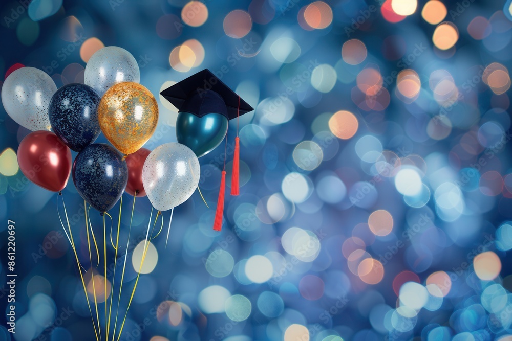 Poster a celebratory background featuring colorful balloons with graduation symbols and congratulatory mess