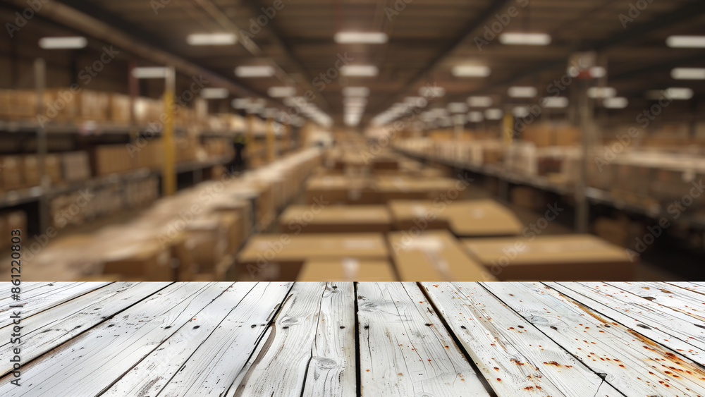 Poster empty wood table top with blur background of warehouse of factory. the table giving copy space for p