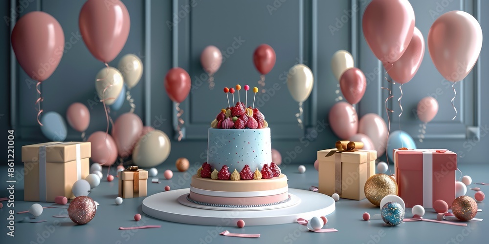 Poster 3d rendering of a birthday party with balloons, cake, and gifts on a circle-shaped table. generative