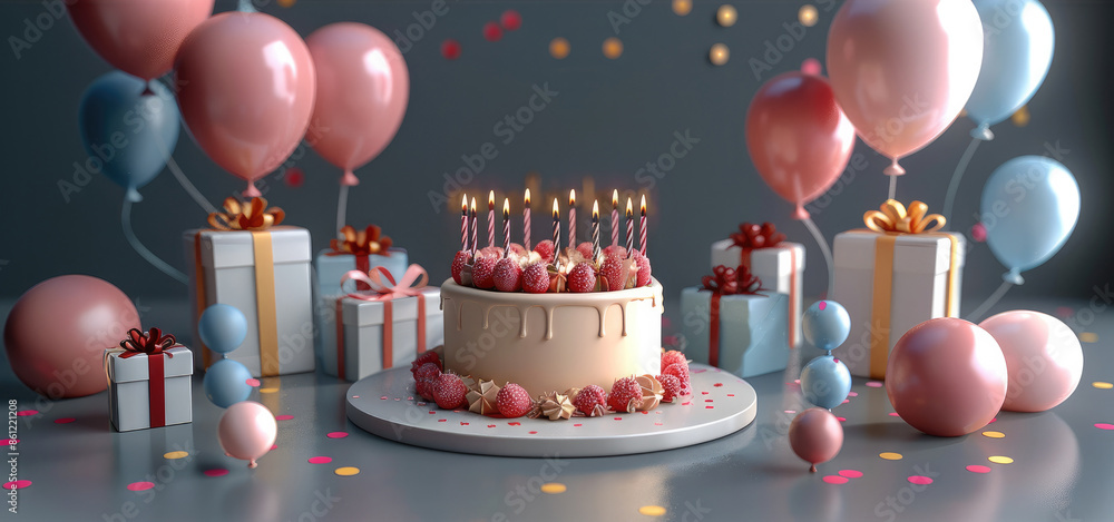 Poster 3d rendering of a birthday party with balloons, cake, and gifts on a circle-shaped table. generative