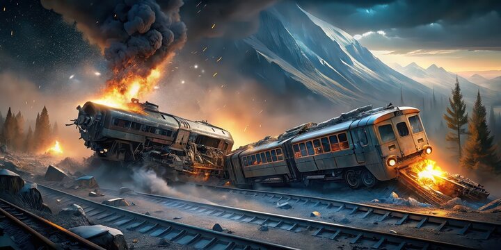 Two trains colliding in a dramatic crash, causing severe damage , Train, collision, crash, disaster, transportation, accident, wreckage, railroad, damage, danger, destruction, metal, impact