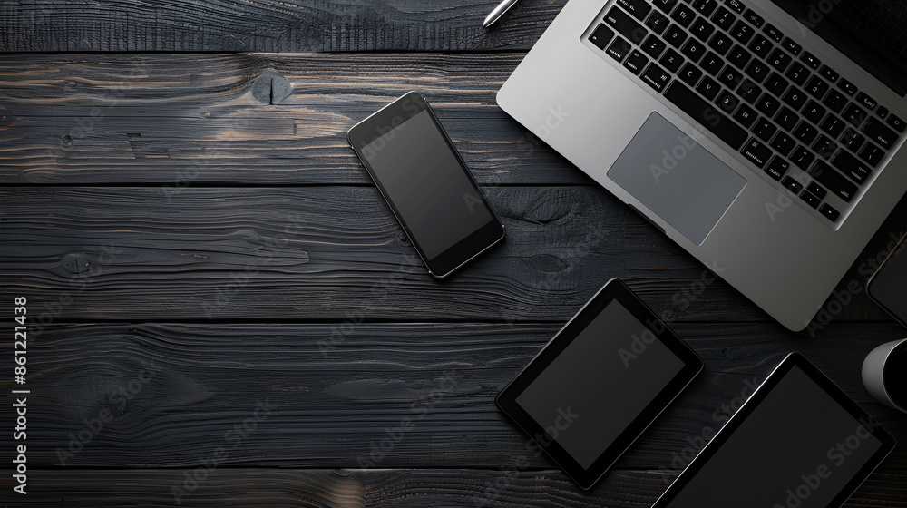 Poster digital tablet computer in white screen and copy space on black background. top view,smartphone with