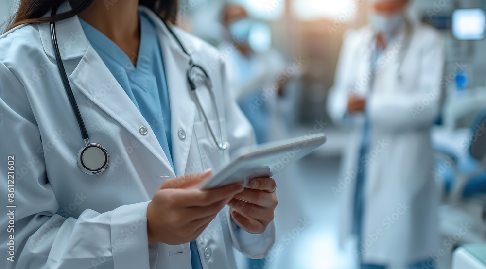 Poster The hands of a healthcare professional engaged with AI technology on a digital tablet. Surround the scene with futuristic medical data. Generative AI.