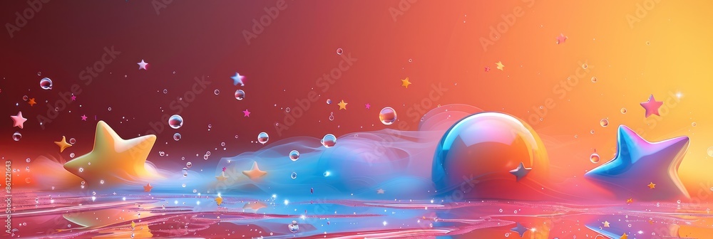 Poster a fluid gradient background, showcasing colorful geometric shapes, stars, and liquid color in a cute