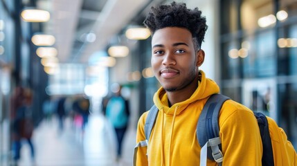 Fototapeta premium A young man with a backpack smiles while walking through a modern building