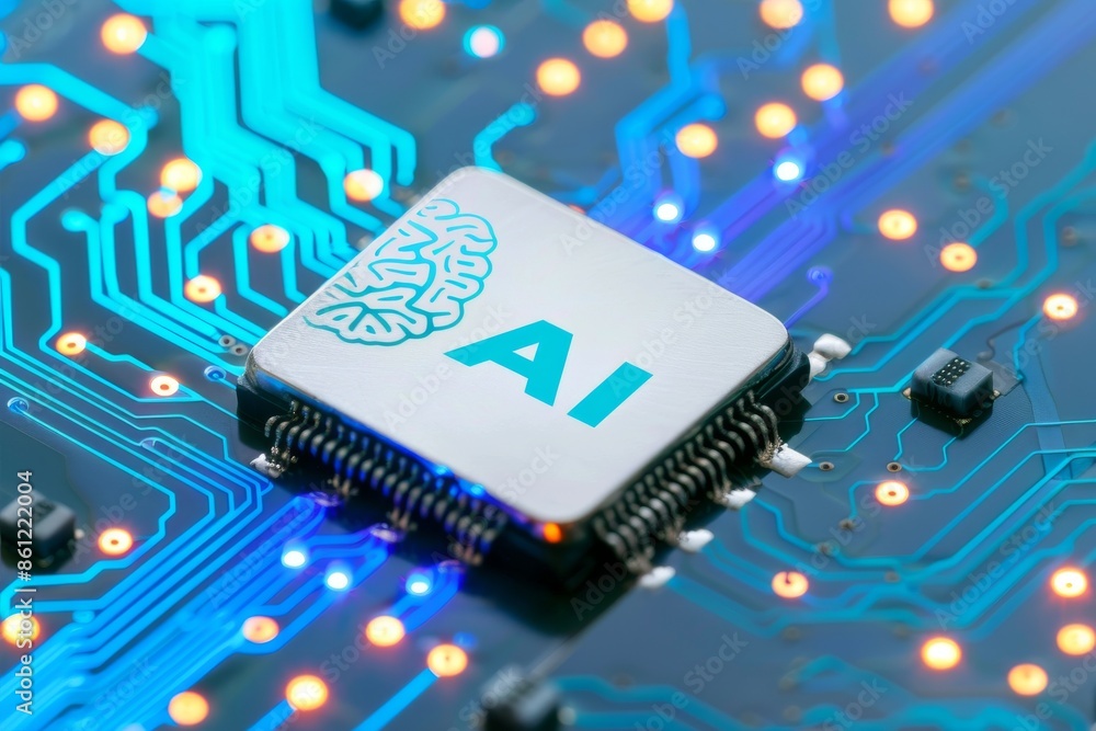 Poster ai microchip with glowing circuits on a blue motherboard, symbolizing advanced artificial intelligen