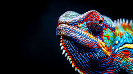 close-up, chameleon face, bright colors, black background