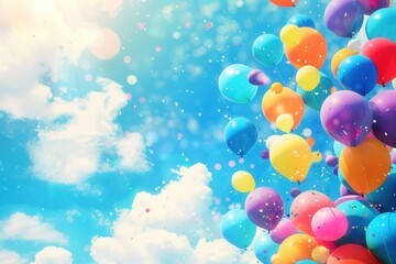 Fototapeta premium A festive image of colorful balloons floating against a clear blue sky, celebrating a graduation ceremony with school symbols. Generative AI
