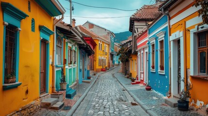 Ancient European town with cobblestone streets and vibrant houses