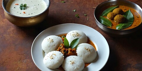 Delicious Indian Dish Idli or idly with Sambar and coconut chutney and green chutney