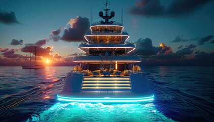 A party in a luxurious yacht at night with a concert on the boat, there is some visual effects blue and green. Generative AI.