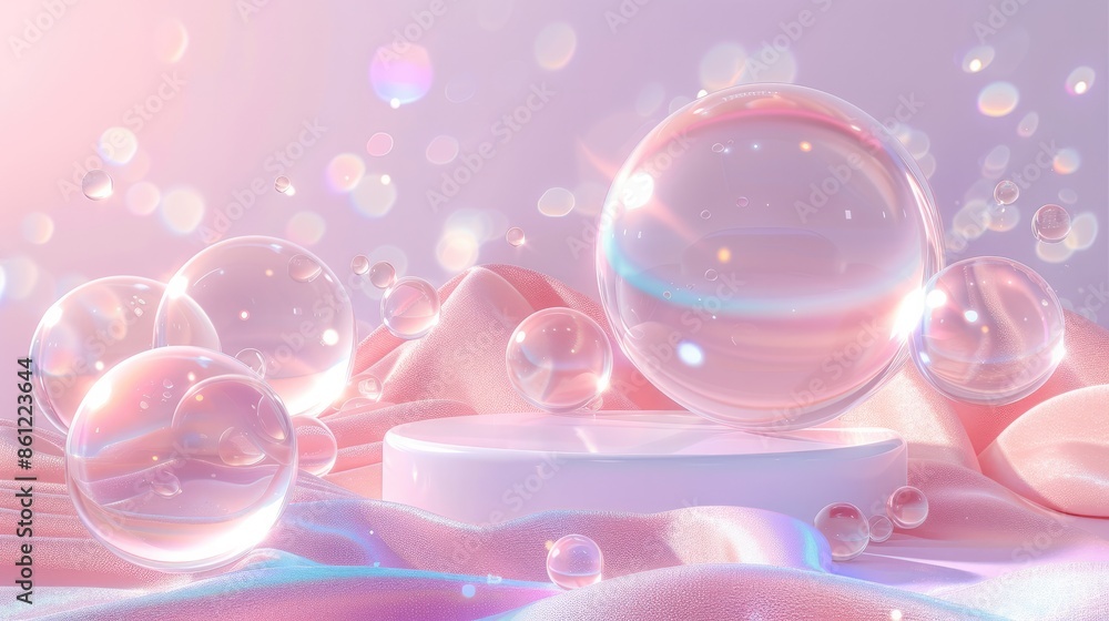 Aufkleber 3d podium background. Minimal podium with transparent soap bubbles on an empty colored pastel background. Cosmetics, goods concept. Generative AI.