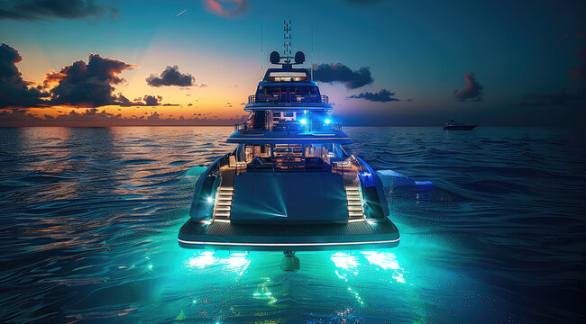 A party in a luxurious yacht at night with a concert on the boat, there is some visual effects blue and green. Generative AI.