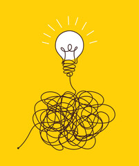 Confusion clarity or path concept idea with lightbulbs. Journey of tangled wires leading to a bright bulb. Business solutions searching. Vector illustration