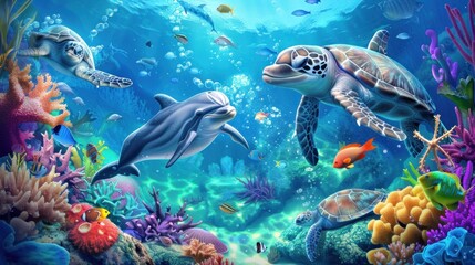 Underwater Scene with Dolphin, Turtles, and Coral Reef