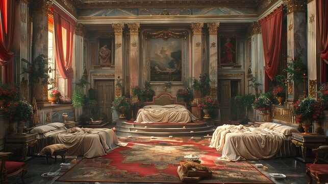 Caligula's bedroom. Breathtaking interior of roman empire buildings. Empty room with columns, molding, plants in ancient style & design. 