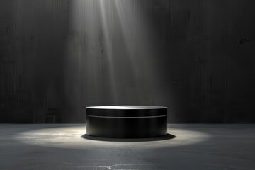 Dark matte podium with a high-contrast tech item under spotlight