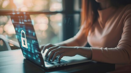 Woman Typing on Laptop with Floating Digital Padlock Icon Representing Internet Security Concept in a Modern Digital Workspace