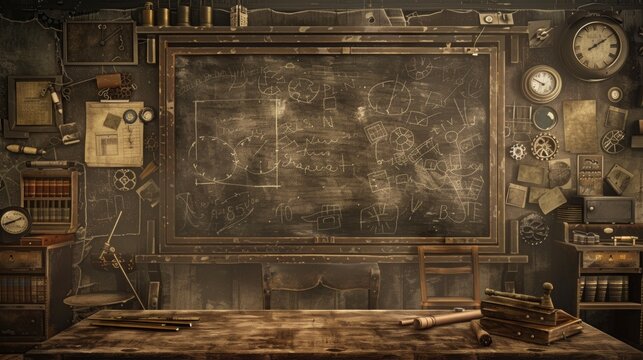 Retro Steampunk Classroom with Gears and Vintage School Supplies, Sepia Tones, Chalkboard for Text, Digital Painting Background