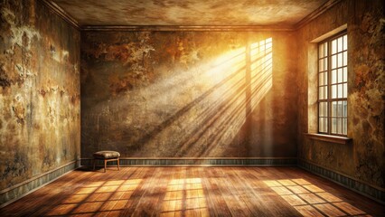 Cozy vintage bronze grunge room bathed in subtle sun rays, Vintage, bronze, grunge, cozy, inviting, room, interior