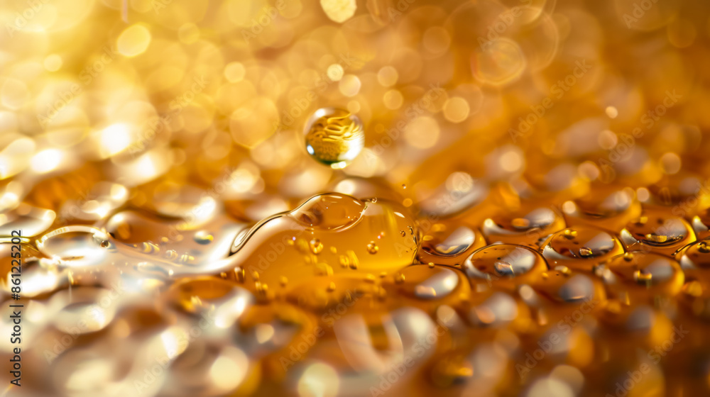 Poster amber droplets splashing on a vibrant honey surface, creating a dynamic visual, honey concept backgr