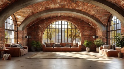 Interior of a modern living room. Sofa and chairs, soft comfortable interior. Big window with a look on the trees. Relaxing atmosphere