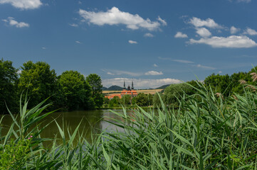 Fish pond in Velehrad, Czech Republic with Basilica of Saints Cyril and Methodius
