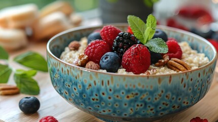 Hearty oatmeal bowl with fresh fruit and nuts, Hygge style, soft and natural colors, illustration, comforting and wholesome atmosphere