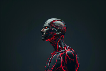 Futuristic cyborg with glowing red veins, dark background, highly detailed, advanced cybernetic features, side profile view, human-robot hybrid, sci-fi design, modern technology