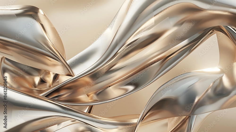 Poster 9. generate a dynamic composition of intersecting ribbons in glossy metallic hues, weaving elegantly