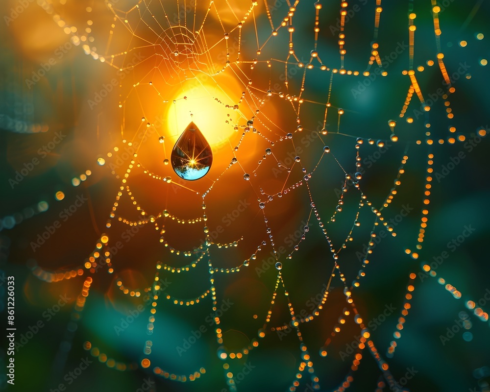 Poster enchanting water drop on a shimmering spider web at dusk illuminated by the warm glow of the setting