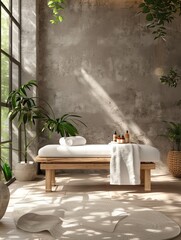 Peaceful Spa Room with Massage Table and Copy Space