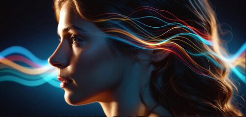 Auditory perception, person listens or hearing deteriorates , waveforms visualize sounds propagating in the surrounding air