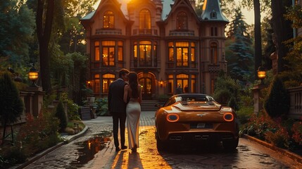 The back of a woman and a man standing in front of victorian luxury mansion. Expensive car and glamour lifestyle. High quality photo
