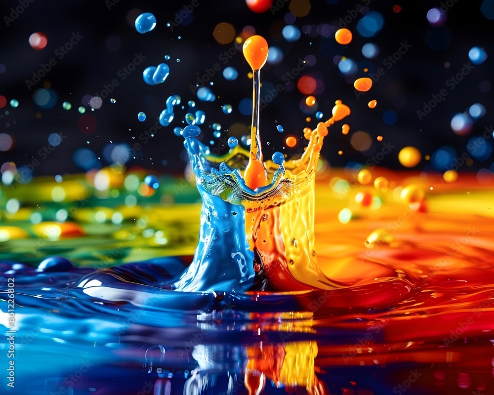 Poster vibrant water drop splashing into colorful paint palette blending and mixing vivid hues in dynamic f