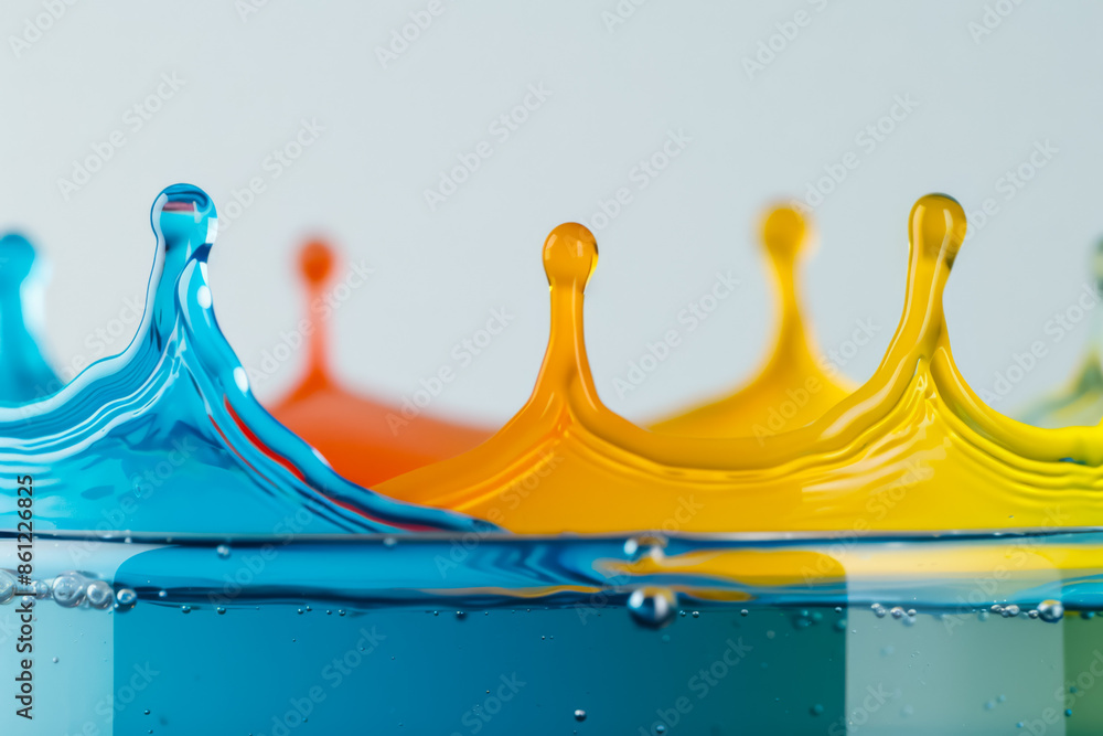 Poster colorful paint splashes in water, dynamic background with empty space for text