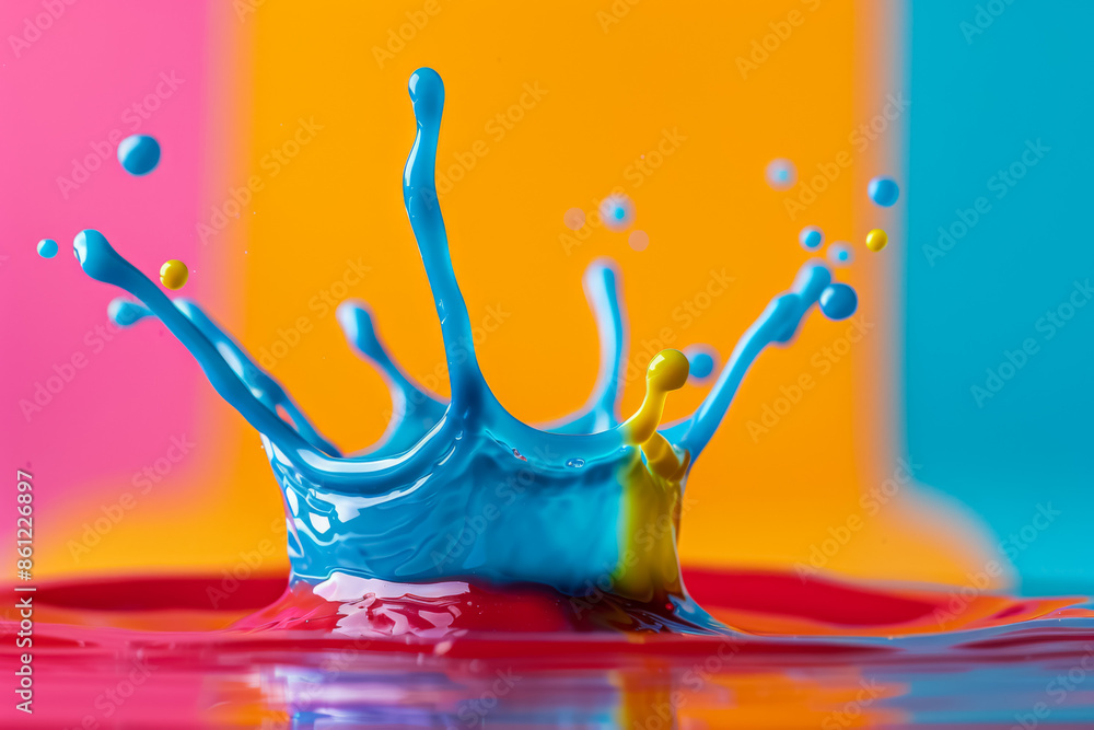 Poster colorful paint splashes merging in water, isolated on a gradient background