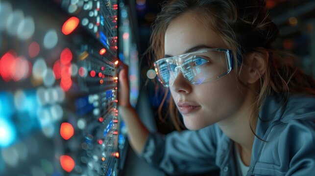 A side view of a technology professional, working in a server room environment. The background features out-of-focus lights representing data processing and high-tech equipment