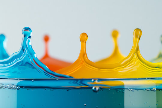 Colorful paint splashes in water, dynamic background with empty space for text 